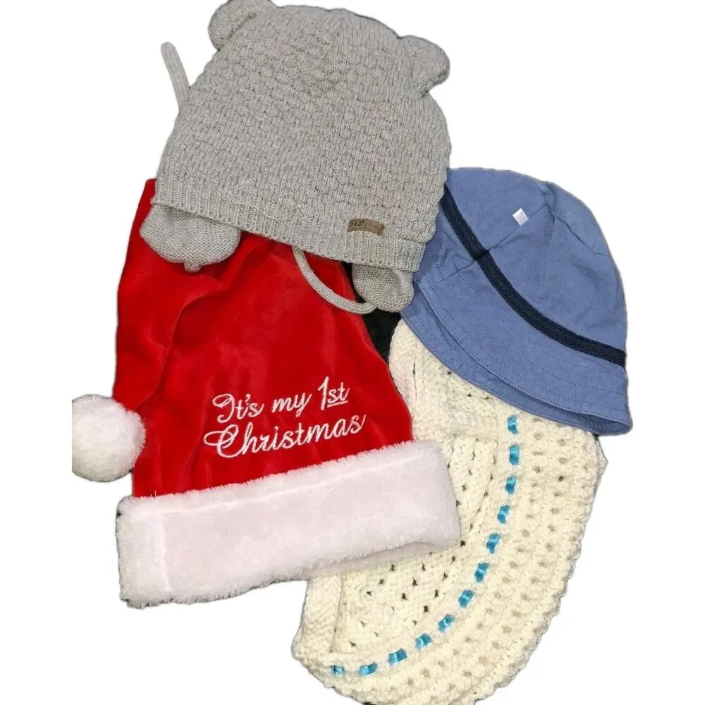 Baby Boy Hats Mixed Lot Of 4 Bucket Santa Bear Bonnet Aprox 9 Months Photo Props